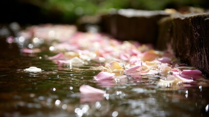 Aufkleber - Colorful flower petals float on a clear stream, gently disturbed by the light. Sunlight creates sparkling reflections around the delicate petals in the water