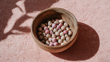 Aufkleber - A top-down shot showcases a rustic wooden bowl filled with dried chickpeas, gently illuminated, creating a warm and inviting atmosphere
