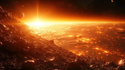 Wall Mural - Fiery landscape of a distant celestial body.