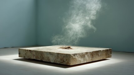 Fototapete - A stone platform under a bright spotlight creates a clean, minimalist look. Wisps of mist enhance the ambiance, ideal for showcasing various products