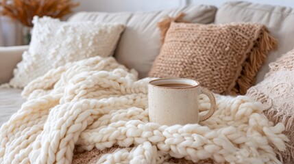 Poster - A wide top-down view captures a serene morning scene on a couch, featuring a steaming ceramic mug alongside a cozy knitted throw and a soft blanket