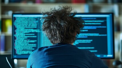 Overwhelmed coder with messy hair looking at computer code debugging software facing programming problem feeling stressed and confused coding challenge