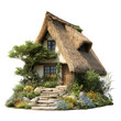 © Pixelzone - Charming cottage with a thatched roof and garden isolated on transparent or white background. A high resolution PNG image of Charming cottage with a thatched roof and garden.