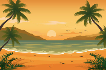 Fototapete - Summer tropical beach with palm trees, sunrise and sunset sky. Summer vacation concept. Summertime, vector illustration. Beach landscape with palm trees.