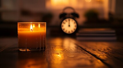 Poster - A wax candle burns gently, its flame illuminating the dim atmosphere