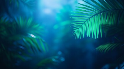 Fototapete - Neon green and blue lights shine on glossy tropical leaves, creating a futuristic glow that enhances the textures in a vibrant cyberpunk scene