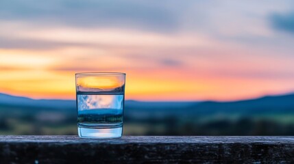 Aufkleber - A half-filled glass of water rests on a rustic wooden ledge, capturing the fiery colors of a sunset and enhancing the peaceful twilight atmosphere
