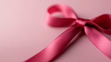 Poster - A red satin bow is neatly tied and positioned against a soft pastel backdrop, showcasing its luxurious texture and refined elegance, perfect for celebrations