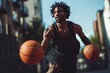© MDSHAHIN - Muscular African American athlete skillfully dribbles basketballs on an outdoor urban court with focused determination