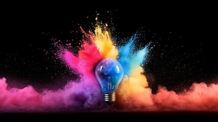 Aufkleber - A vibrant light bulb shatters mid-air, releasing a dynamic burst of red, blue, and yellow paint against a black backdrop, symbolizing creativity and innovation