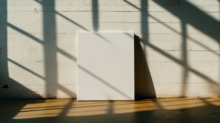 Aufkleber - A blank, textured canvas leans on a white wall, catching sharp sunlight and soft shadows, creating an intriguing balance of emptiness and potential