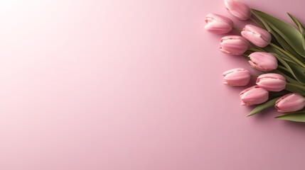 Poster - Soft pink tulips are artistically arranged on a muted lavender backdrop, casting gentle shadows, showcasing seasonal beauty in a minimal style