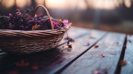 Aufkleber - A woven basket brimming with dried flowers and twigs rests on a rustic wooden table, capturing the warm earthy tones illuminated by soft sunset light