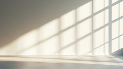 Poster - A gentle beam of sunlight streams through a window, casting serene shadows on a plain white wall and creating a peaceful ambiance perfect for relaxation