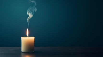 Aufkleber - A lit candle casts a warm glow on a dark wooden table, accompanied by gentle wisps of smoke rising into the calm air, creating a reflective atmosphere