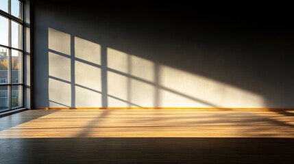 Poster - Sunlight streams through a large window onto an empty wooden desk, creating long shadows and a serene atmosphere perfect for reflection and focus