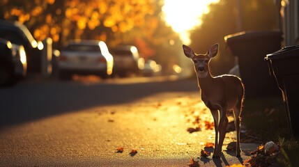 Aufkleber - A deer stands quietly near a deserted parking lot, surrounded by trash bins and concrete walls, with soft orange sunset light reflecting off glass windows