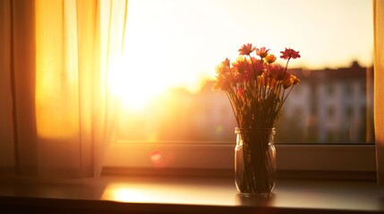 Poster - A bouquet of vibrant wildflowers fills a clear vase on a windowsill as warm sunlight filters through sheer curtains, creating a cozy atmosphere in the late afternoon