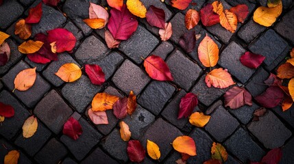 Poster - Rich orange, red, and yellow leaves are unevenly scattered across old cobblestones, illuminated by soft light that highlights the vibrant autumn colors and textures