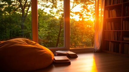 Poster - A cozy reading nook features a plush beanbag chair and a stack of books, bathed in warm sunlight pouring through a large window, inviting relaxation