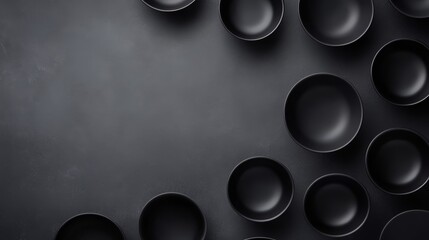 Aufkleber - Matte black ceramic bowls and cups are carefully arranged in a minimalist layout on a slate gray surface, emphasizing simplicity and sophistication in design