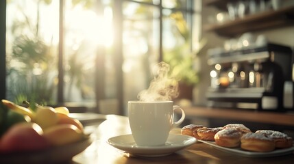 Aufkleber - A cozy dining room invites warmth with a brunch table set for gathering, displaying fresh pastries, colorful fruits, and steaming coffee cups in the morning light