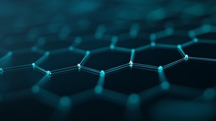 Fototapete - Hexagonal nodes float against a deep navy backdrop, interconnected by glowing teal lines, illustrating the flow of data and advanced network systems clearly