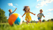 © Gustav - Three happy children playing with a colorful ball on a sunny day, running freely across a lush green field beneath a clear blue sky, radiating joy and excitement