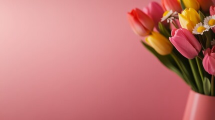 Poster - A vibrant arrangement of tulips and daisies in a vase stands out against a soft pink backdrop, creating a joyful setting for spring festivities