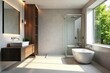 © Phetsala - Sleek minimalist bathroom with floating vanity and rainfall shower, marble, home, sleek