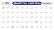 © artshuvo - Nautical and sea web icons in outline style. thin line icons such as wind rose, oars, suroard, marine, double bait, buoy, submarine facing right, caravel, Smeaton's tower, old galleon.