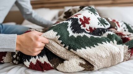 Poster - A hand gently touches a hand-knitted blanket with rich textures and colors, emphasizing detailed patterns illuminated by inviting natural light