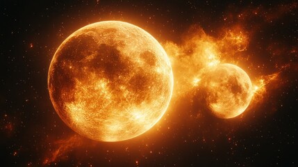 Wall Mural - Two fiery moons ablaze in cosmic space.