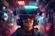 © Stavros - Young man wearing virtual reality glasses. A world of bright colors and events. Total digitalization of society and people's dependence on gadgets. Escape from the real world.