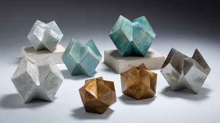 Poster - Brightly colored geometric 3D-printed sculptures are displayed on a neutral platform, softly illuminated to highlight their textures