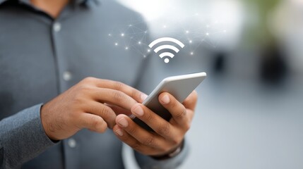 Fototapete - Hands hold a smartphone, displaying a holographic Wi-Fi icon in a softly blurred tech-themed backdrop, emphasizing modern connectivity and digital lifestyle
