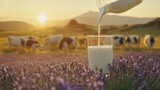 Fresh milk poured into glass over lavender field with cows golden hour dairy farm and rural landscape create a serene countryside morning