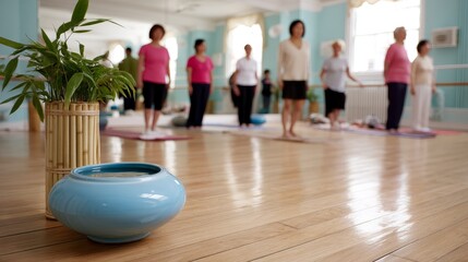 Poster - A tranquil yoga studio features a bamboo water fountain in the foreground, while individuals engage in yoga practice on mats in the calming background