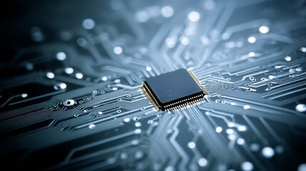 Leinwandbilder - Tight macro shot showcases a microprocessor surrounded by detailed circuit board pathways lit with cool-toned highlights, emphasizing technology's precision