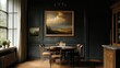 © brayen - Sophisticated dining space with landscape art and dark paneled walls enhances refinement