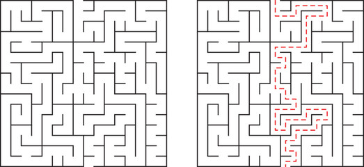 Simple maze illustration demonstrating solution path on white background for education concepts