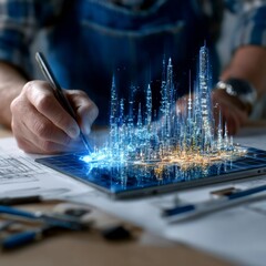 Aufkleber - Architect Designing Futuristic Cityscape on Tablet with Blueprints, Engineering Innovation Display