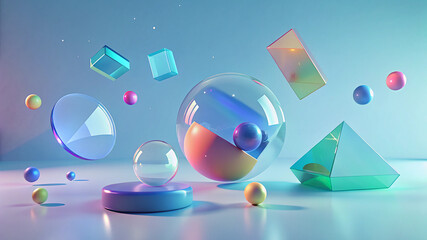 Wall Mural - Colorful plastic and glass shapes in abstract dynamic 3d rendering