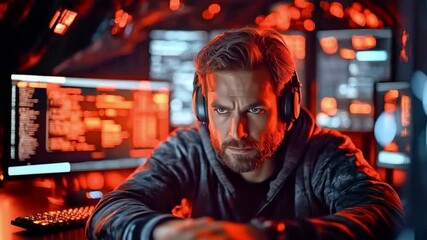 Fototapete - A cybersecurity expert intensely monitors multiple screens filled with security data and codes. Wearing headphones, he focuses on detecting and mitigating potential data breaches in real time.