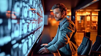 Fototapete - In a dimly lit data center, a cybersecurity specialist analyzes firewall activity displayed on large screens. The environment emphasizes advanced technology and vigilance against data breaches.