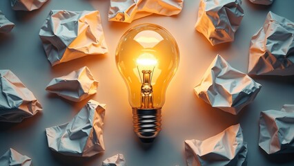 Poster - Illuminated Lightbulb Among Crumpled Paper Idea Generation Concept