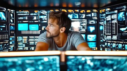 Fototapete - A cybersecurity expert assesses data breach threats in a modern tech workspace filled with multiple screens displaying analytics.