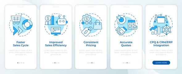 Wall Mural - quote management software blue onboarding mobile app screen. walkthrough 5 steps editable graphic in