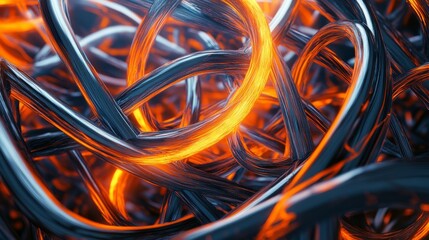 Wall Mural - abstract 3d render of complex interwoven strands featuring vibrant glowing orange and blue hues with