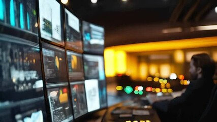 Fototapete - A cybersecurity professional closely monitors multiple screens displaying data breaches and network activity.